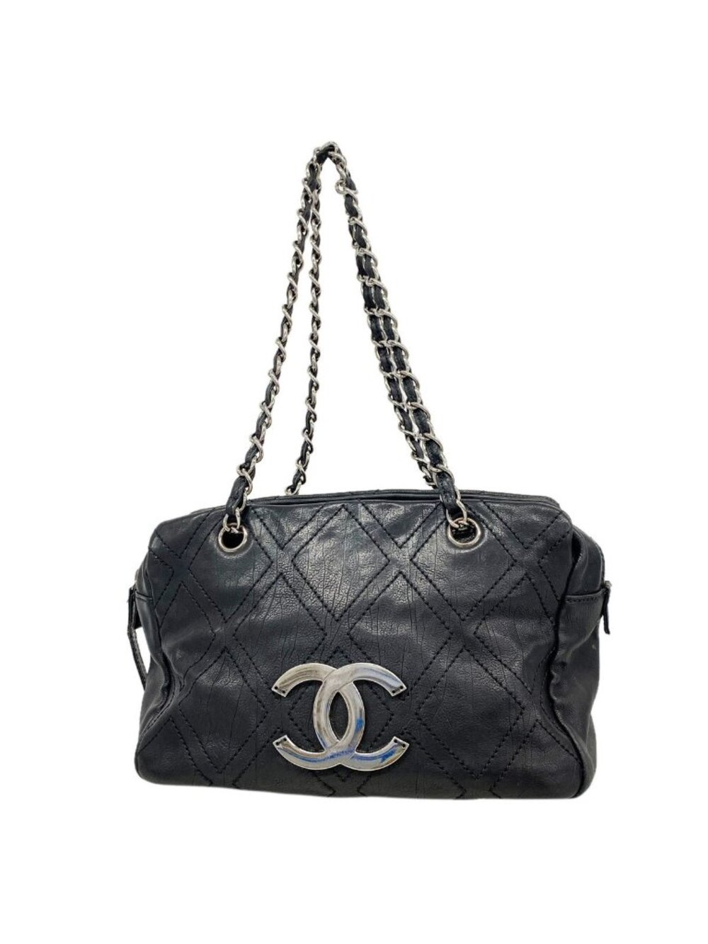 Chanel Shoulder Bag Quilted Leather Black Silver